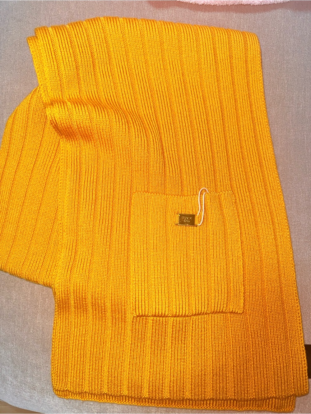 Fendi Logo Plaque Ribbed Knit Sweater Scarf - mustard